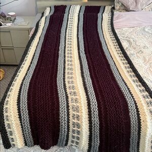 Striped Knit Blanket in Burgundy and Gray